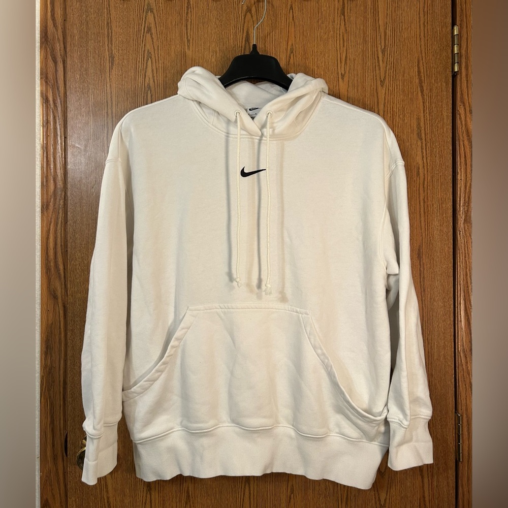 Nike Center Swoosh White Hoodie Sweatshirt with Black Embroidered Center Swoosh